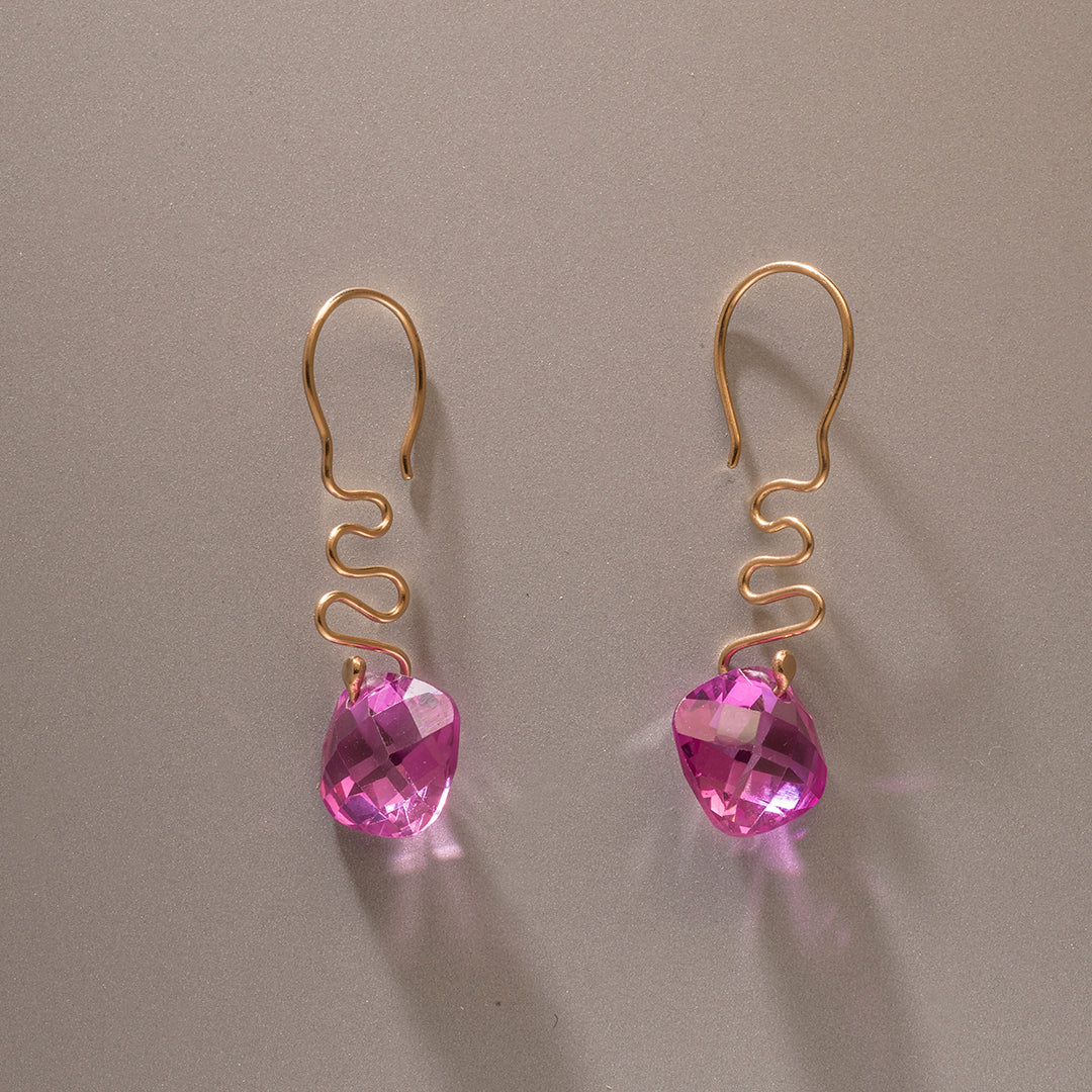 14K Gold Ribbons & Pink Sapphire Earrings