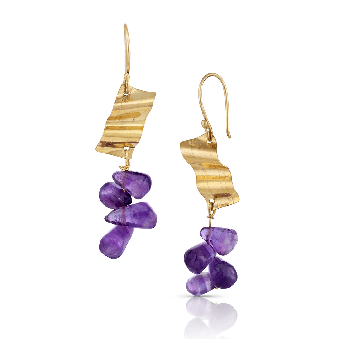 14K Gold Angled Small Ribbon Amethyst Earrings