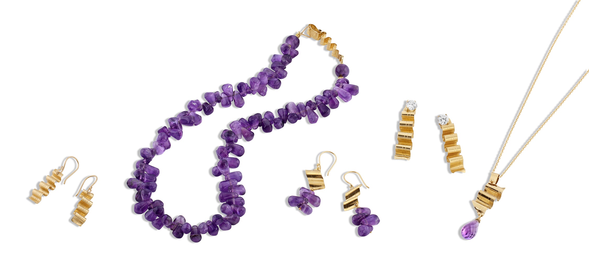 14K Gold Angled Small Ribbon Amethyst Earrings