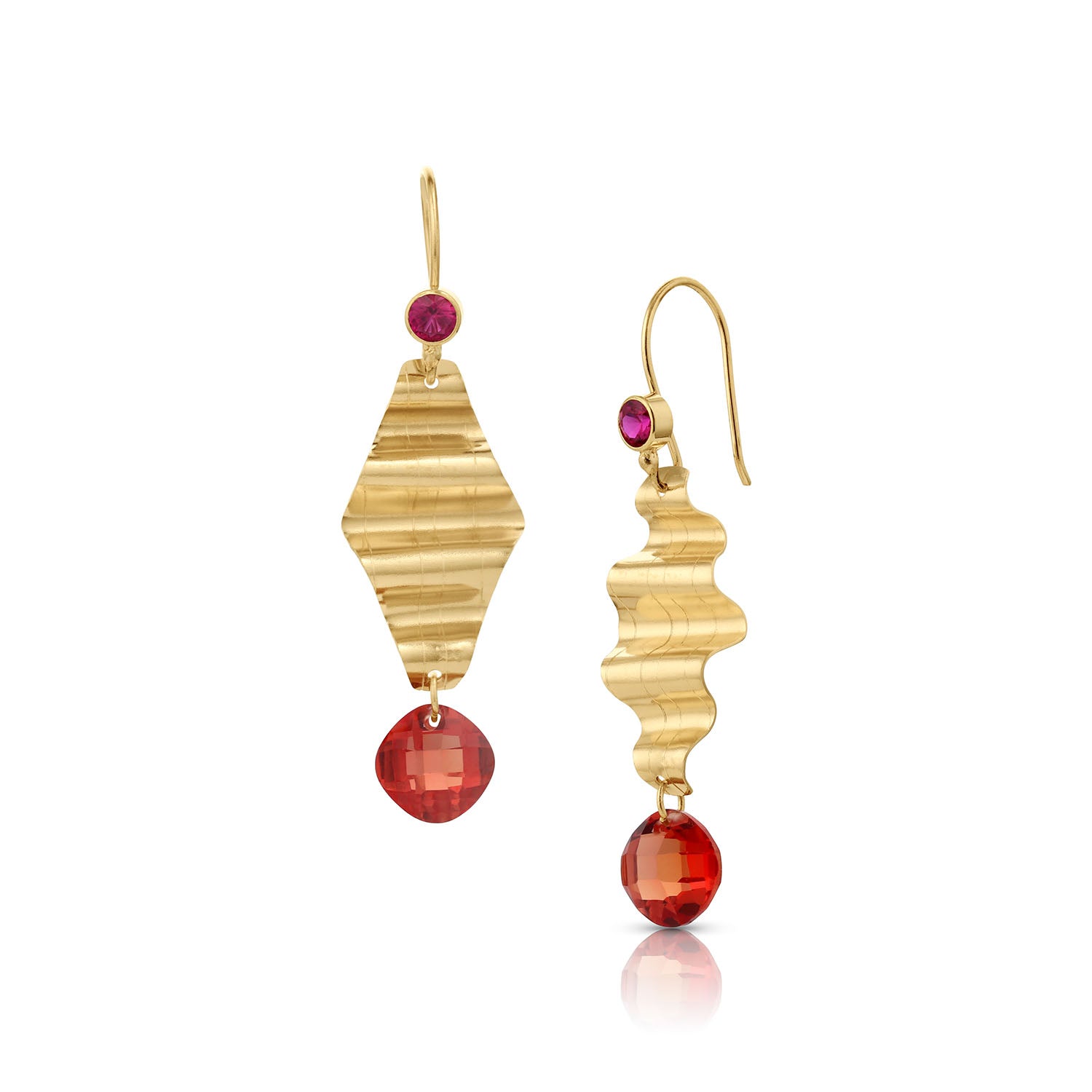 Diamond Ribbon Candy Earrings 14K Gold - Medium Ruby and Orange Sapphire