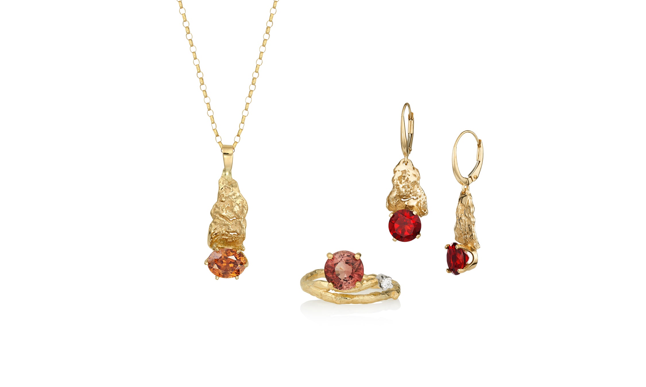 14K Gold Oak Bark & Garnet Earrings