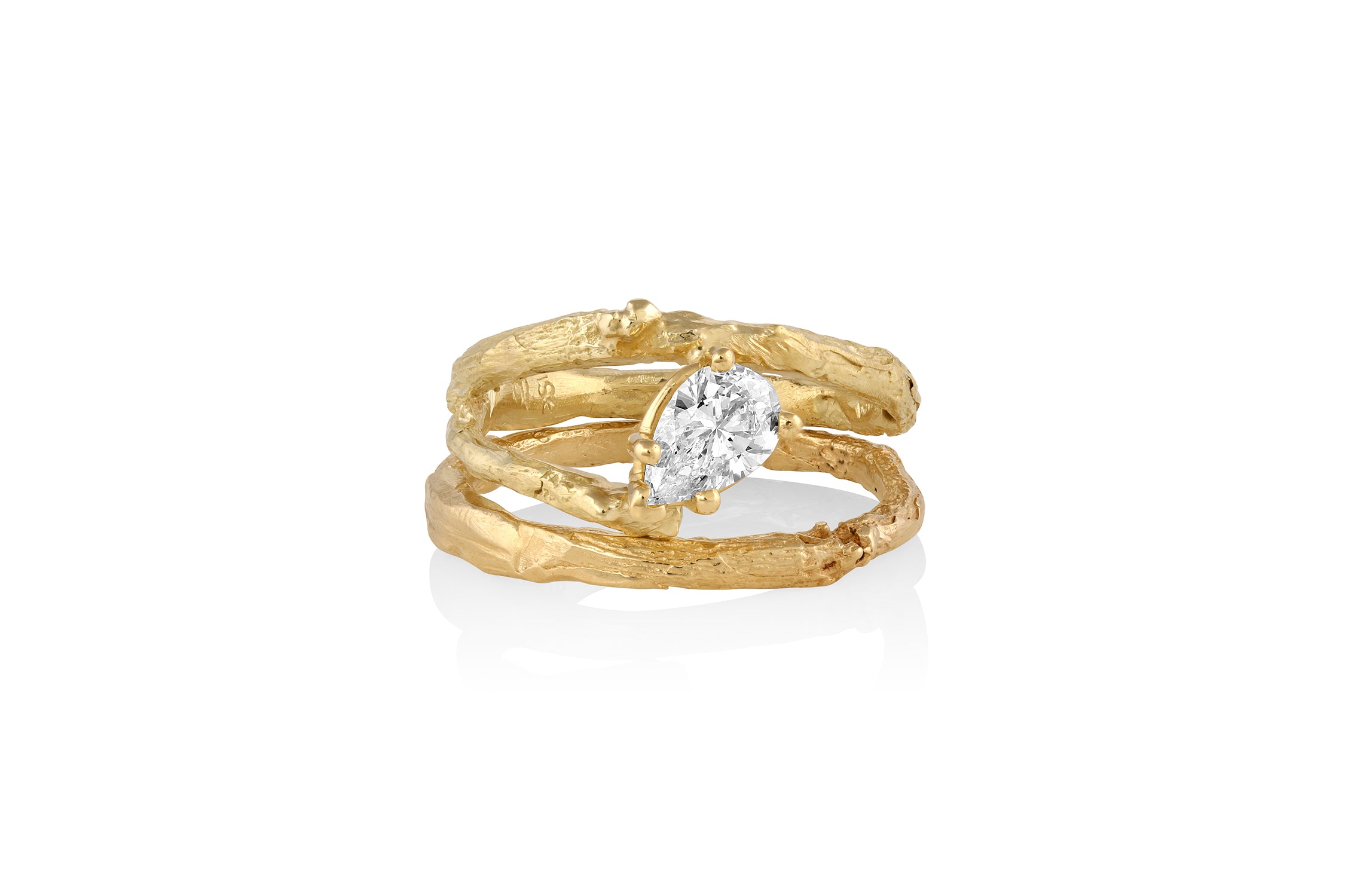 Pear Shaped Diamond & Golden Willowbranch Wedding & Engagement Ring Set