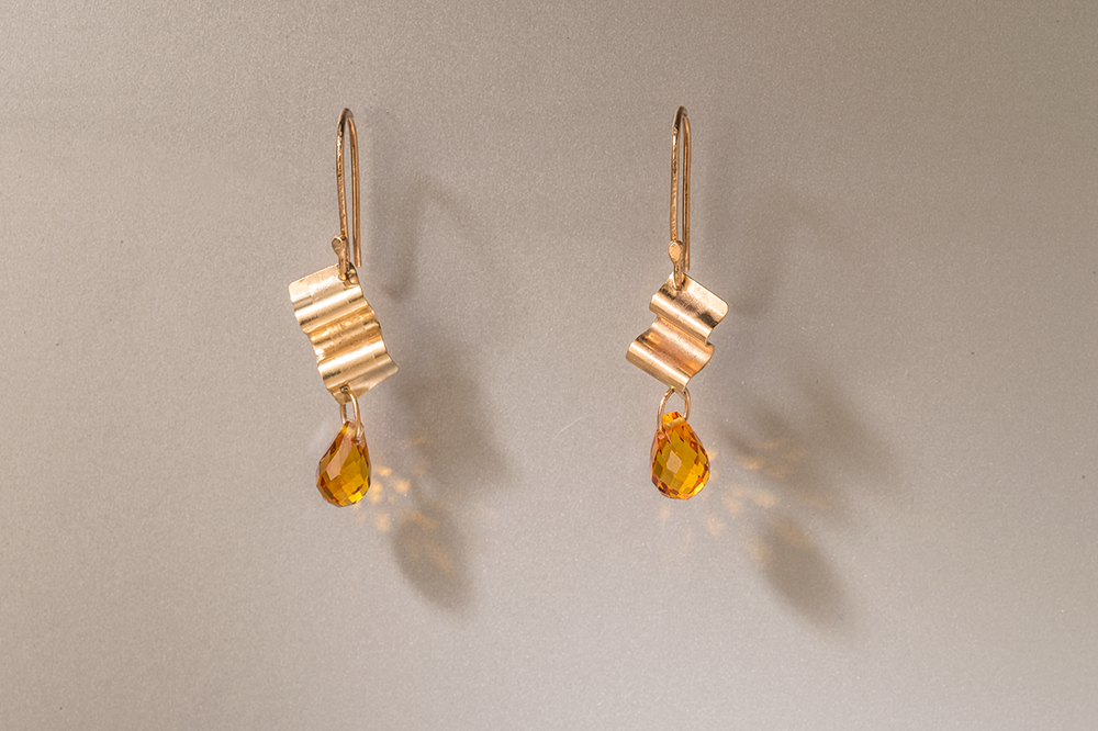 14K Gold Ribbons & Yellow Sapphire Earrings